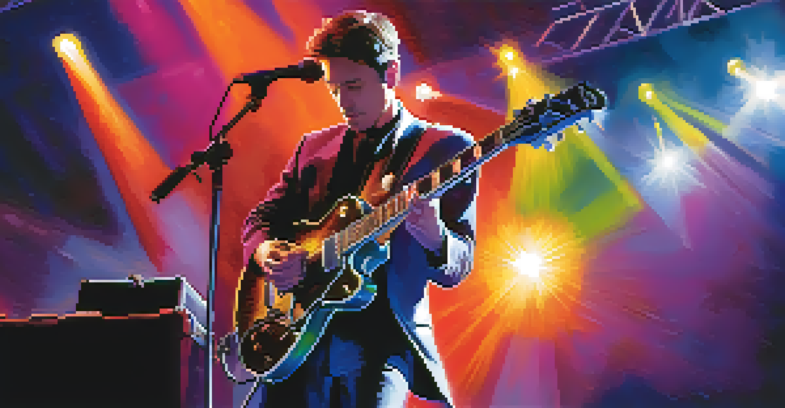 A guitarist performing on stage with colorful lights creating an energetic atmosphere.