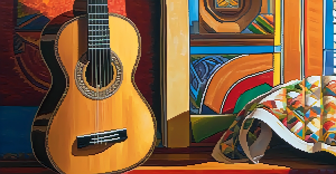A classical guitar leaning against a colorful wall with Latin American artwork, illuminated by sunlight.