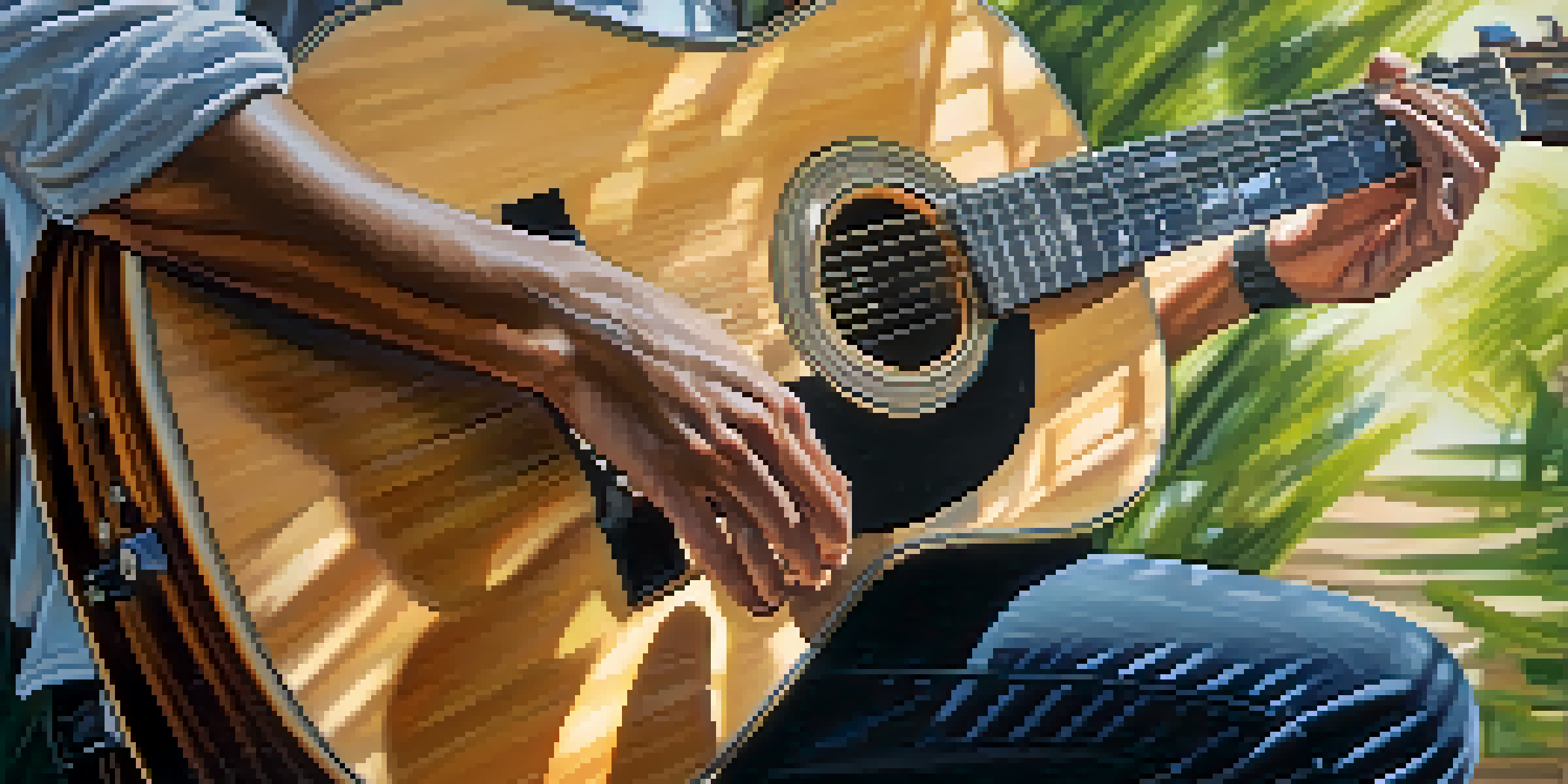 A guitarist's hands playing an acoustic guitar, focused on the strings and wood grain, with greenery softly blurred in the background.