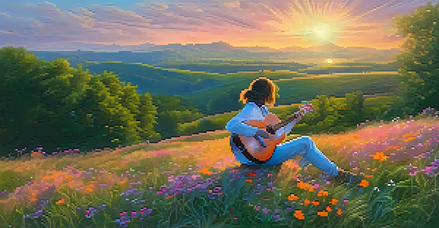 A guitarist sitting on a grassy hill at sunset, with colorful skies and wildflowers in the foreground.