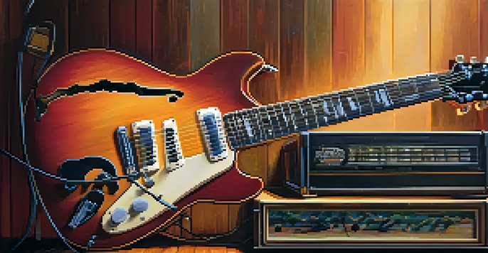 A vintage electric guitar on a wooden stage with warm lighting and colorful amplifiers in the background.