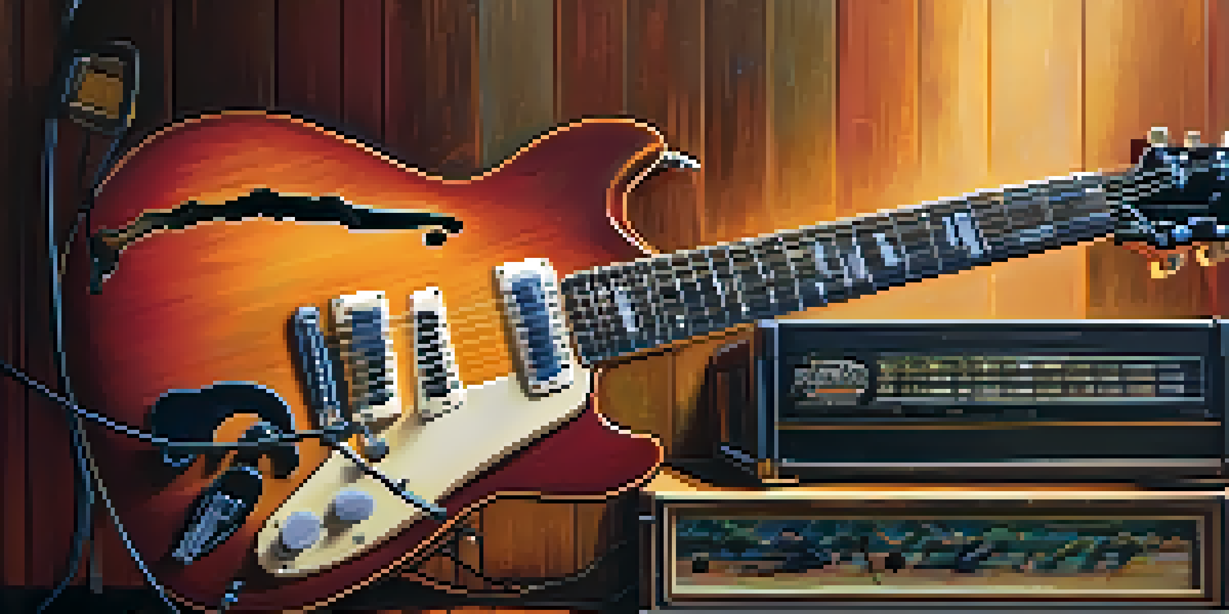 A vintage electric guitar on a wooden stage with warm lighting and colorful amplifiers in the background.