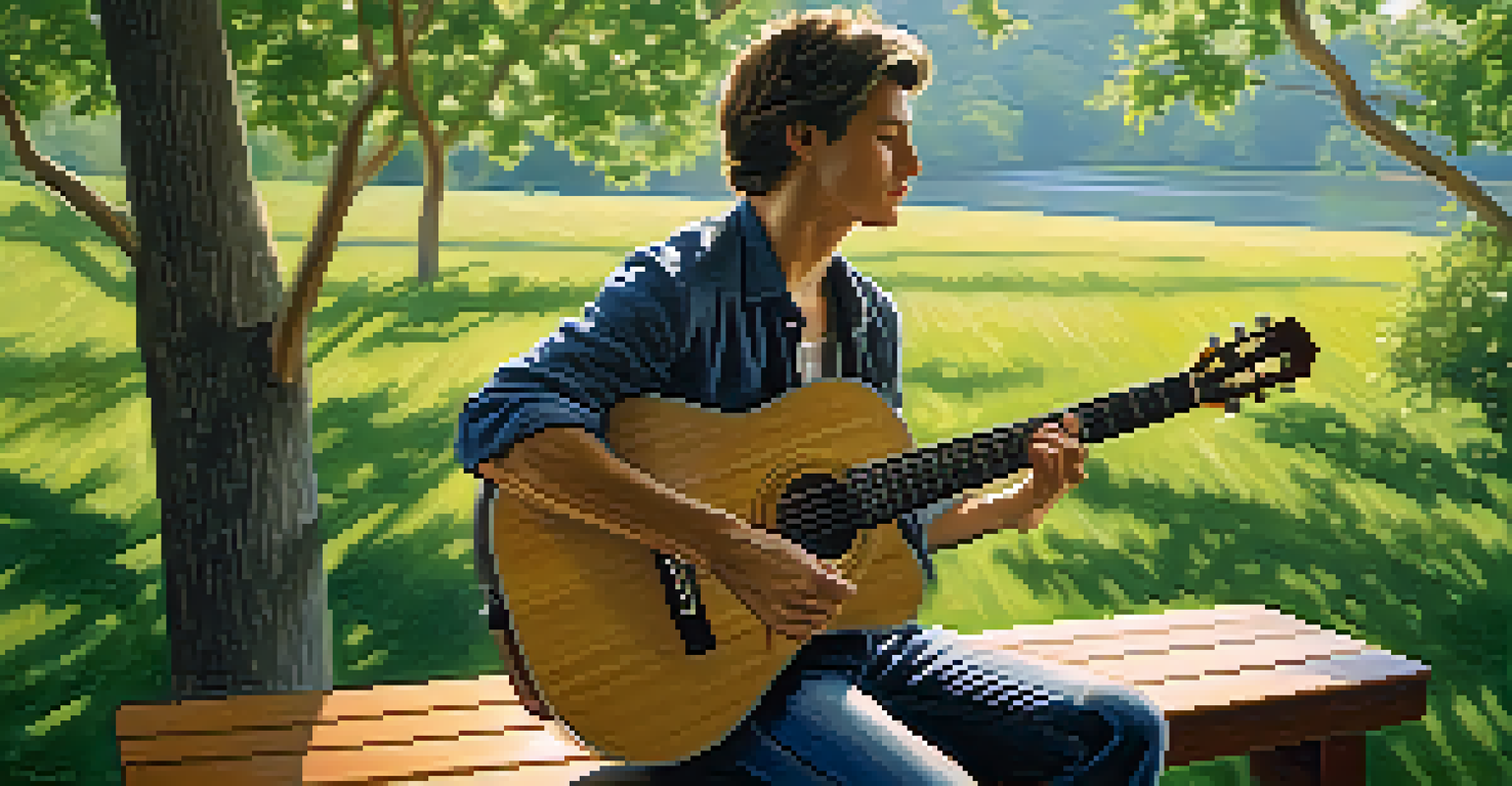 A beginner guitarist seated with an acoustic guitar, practicing finger placement among greenery.