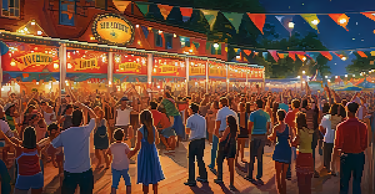 A lively folk music festival with musicians on stage and an enthusiastic crowd dancing and singing.