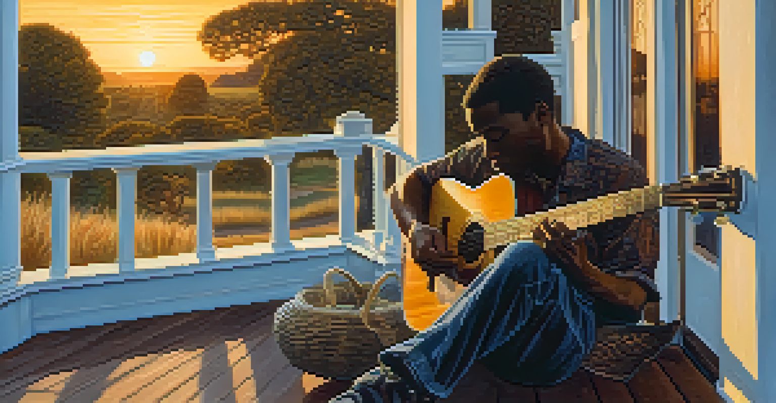 A blues guitarist sitting on a porch during sunset, playing fingerpicking melodies.