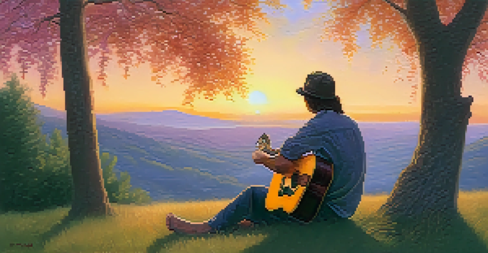 A person playing guitar outdoors on a grassy hill at sunset, surrounded by trees and nature.
