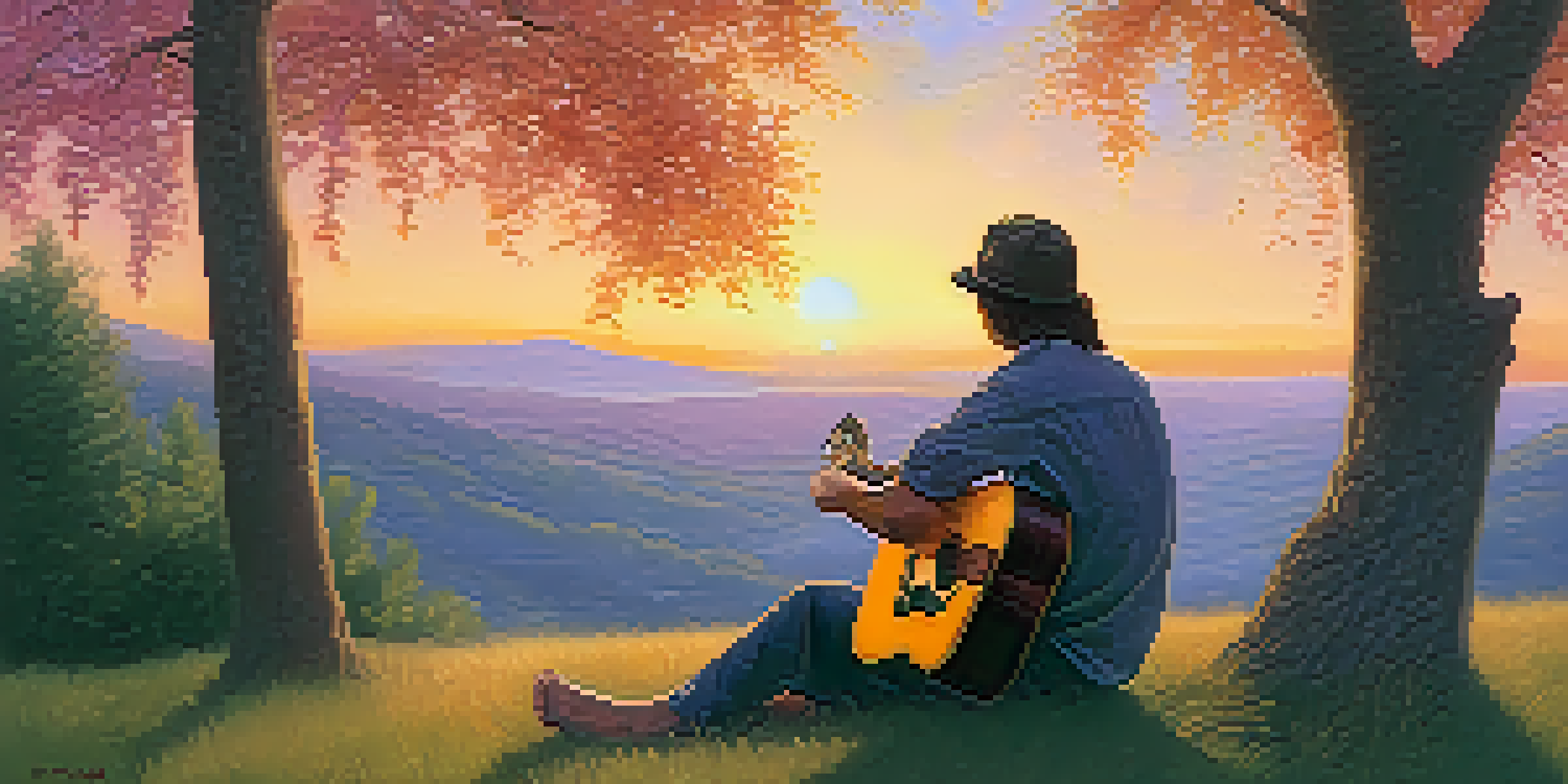 A person playing guitar outdoors on a grassy hill at sunset, surrounded by trees and nature.