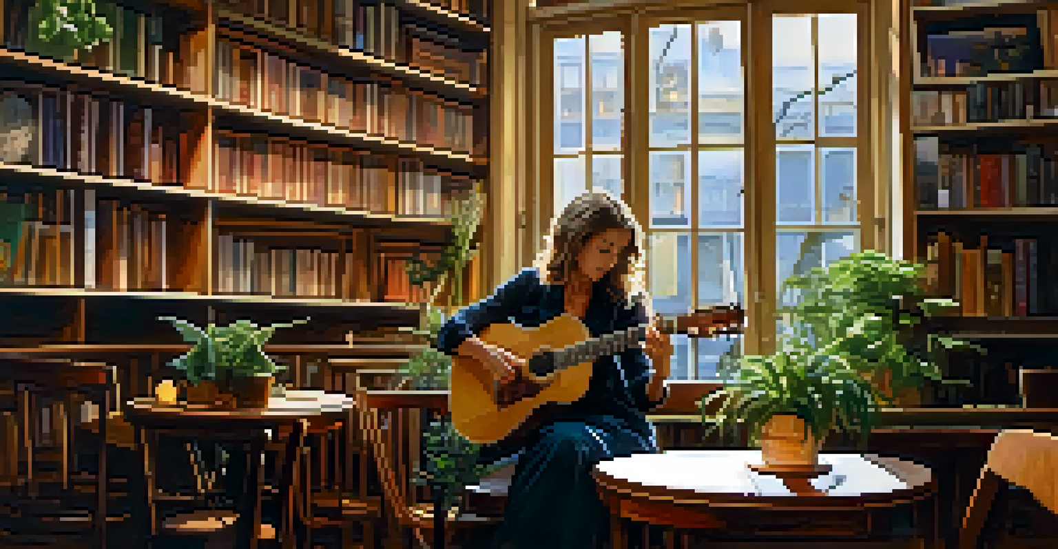 A solo guitarist playing in a cozy café setting, surrounded by plants and books, creating a warm and inviting atmosphere.