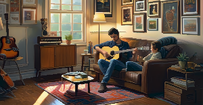 A guitarist tuning their acoustic guitar in a cozy living room with friends seated around, creating an encouraging atmosphere.