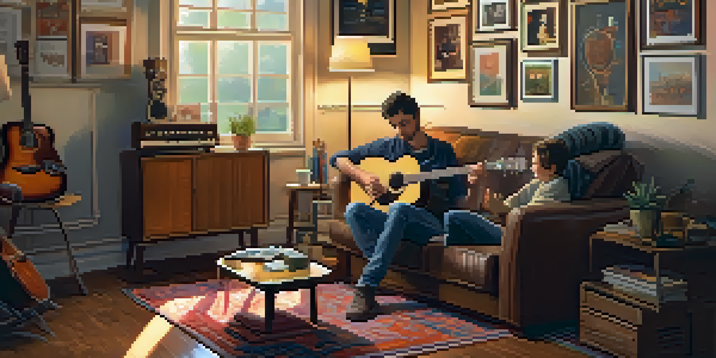 A guitarist tuning their acoustic guitar in a cozy living room with friends seated around, creating an encouraging atmosphere.