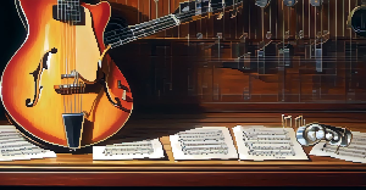 An intricately designed musical sheet with chord symbols on a wooden table, illuminated by warm light, with a metronome and a guitar in the background.