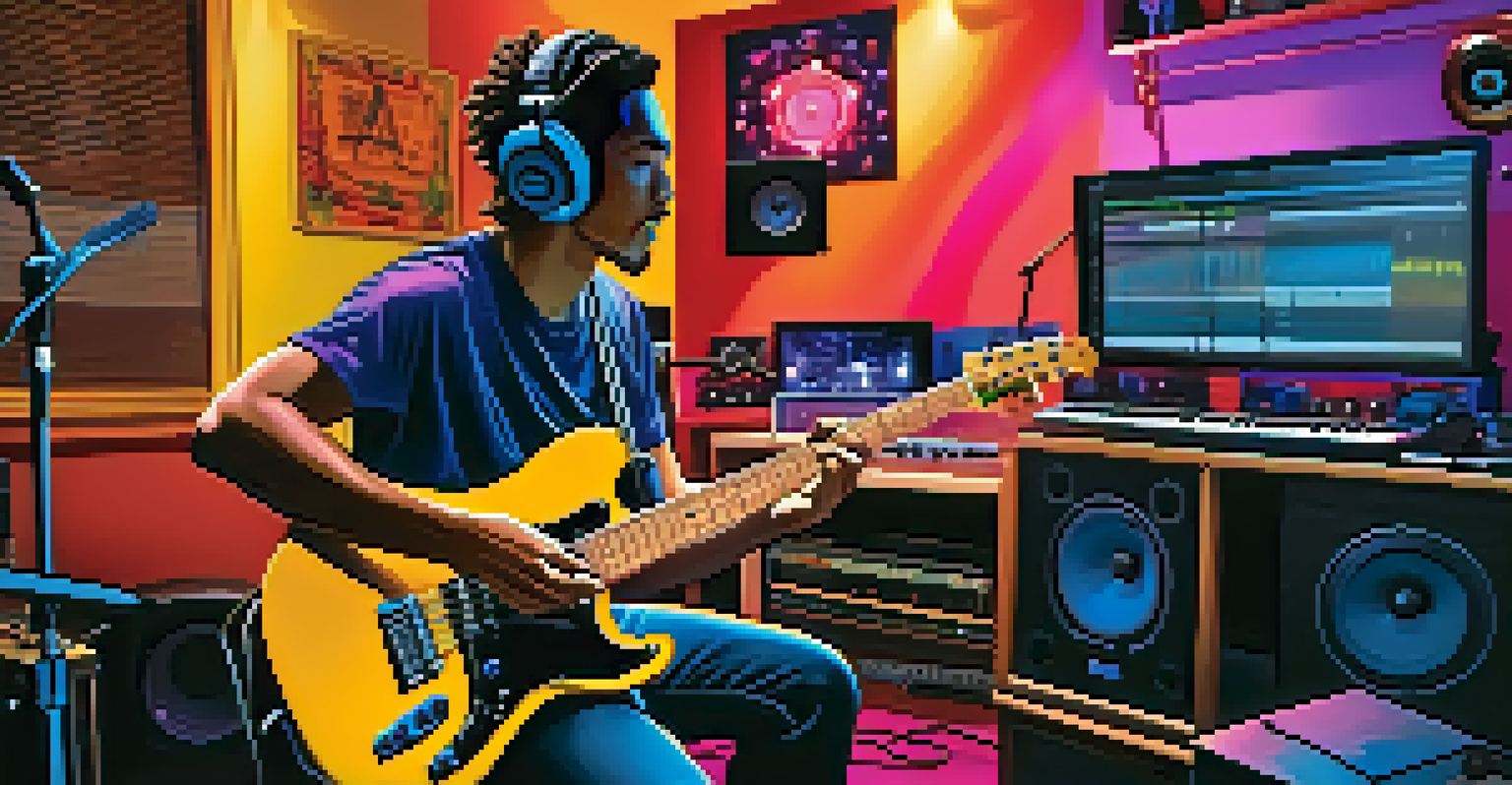A guitarist playing in a lively home studio, with a DAW on display and various instruments and colorful lights around.