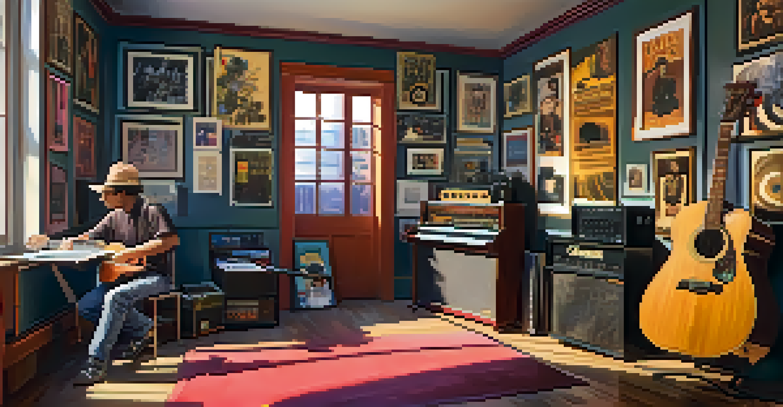 A vibrant music studio with a guitarist practicing fingerpicking techniques on an elegant guitar.