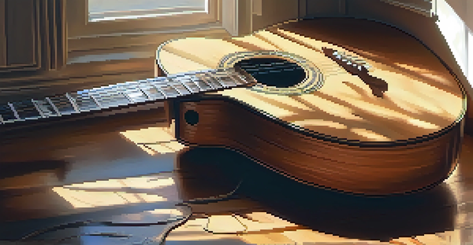 A close-up view of an acoustic guitar on a wooden floor, with sunlight creating a warm ambiance and sheet music around it.