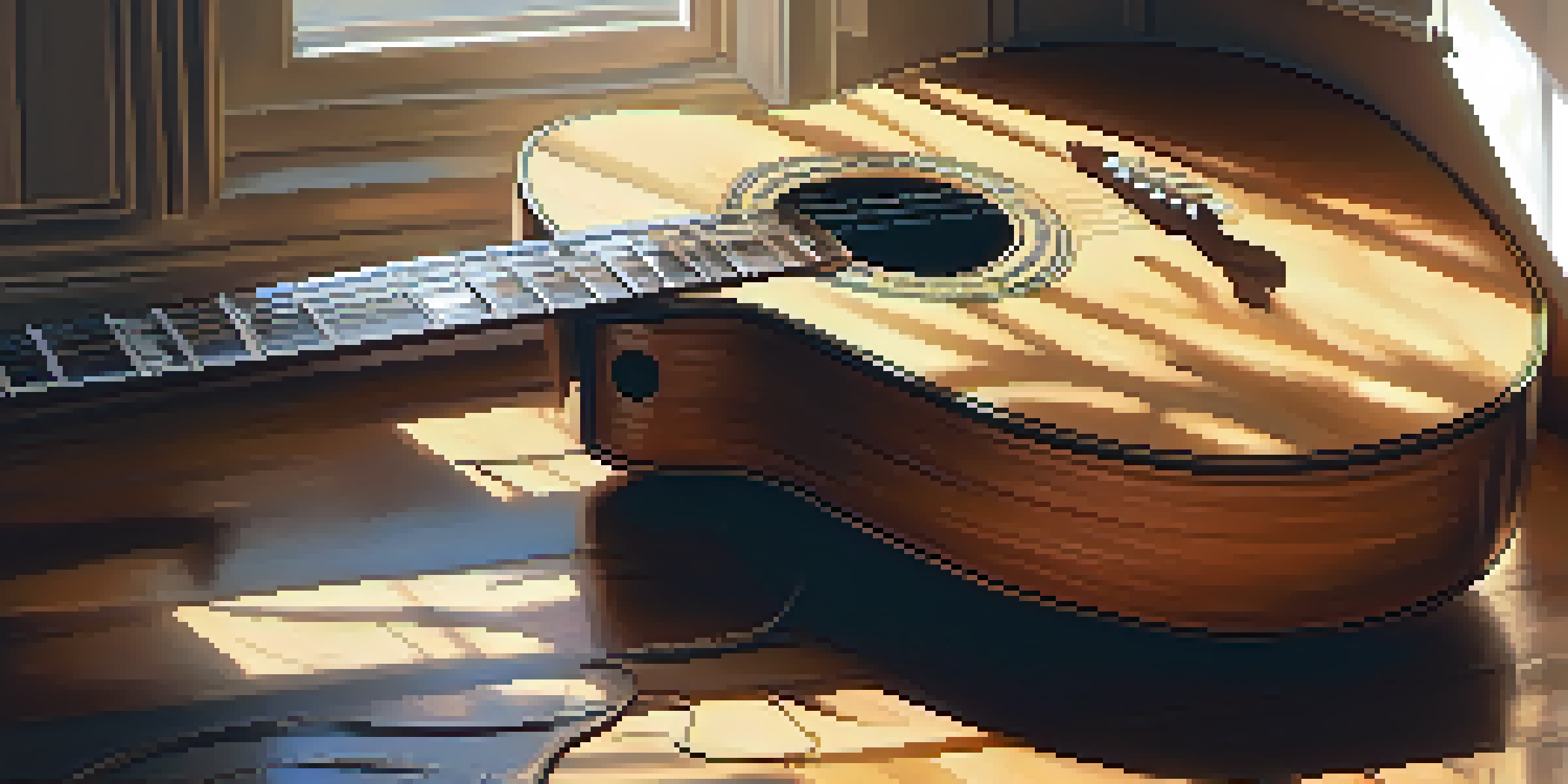 A close-up view of an acoustic guitar on a wooden floor, with sunlight creating a warm ambiance and sheet music around it.
