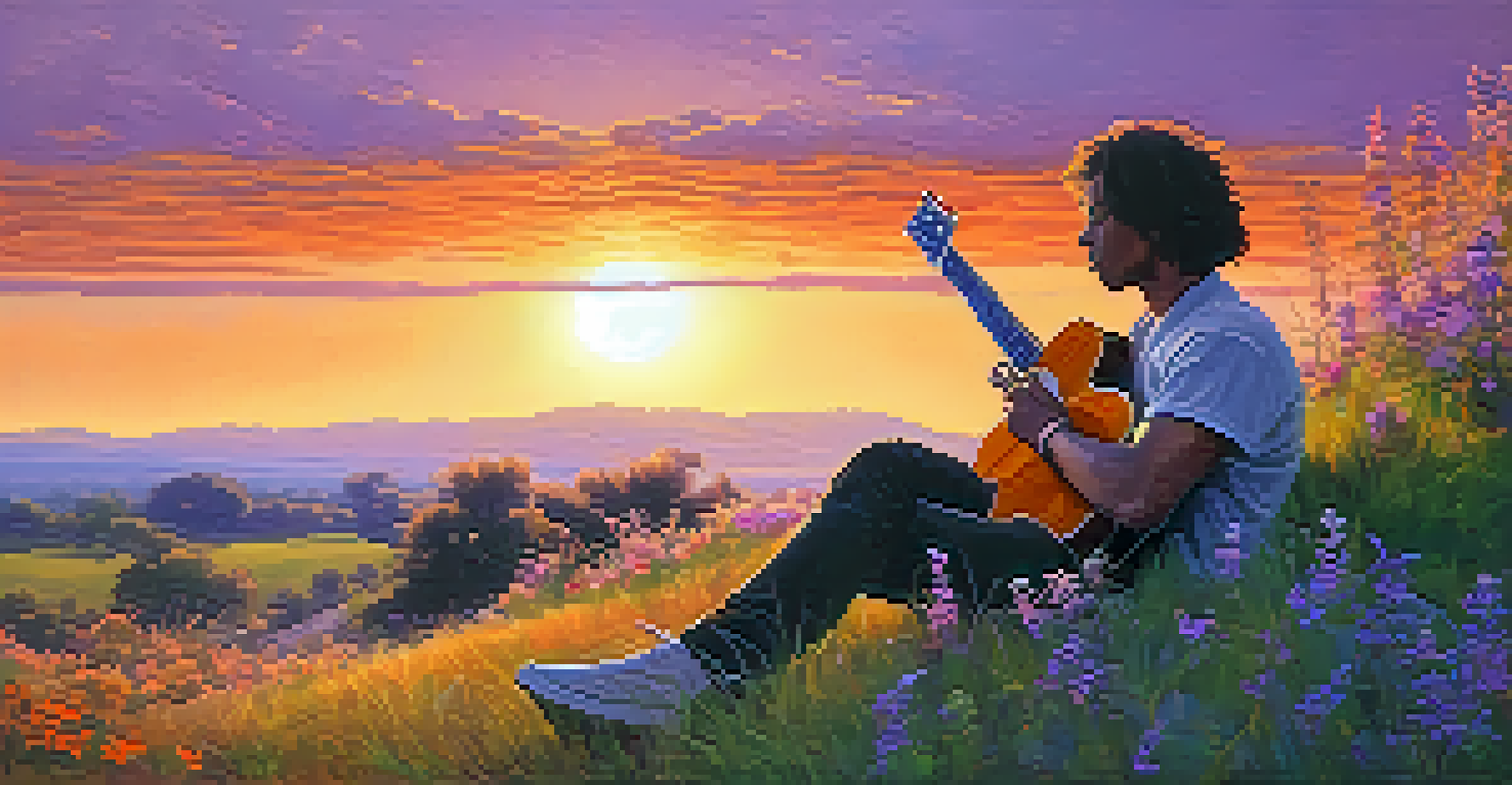 A guitarist playing slide guitar on a hill during sunset, surrounded by wildflowers, with a colorful sky.
