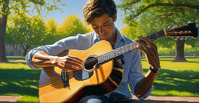 A close-up of a guitarist's hands skillfully playing an acoustic guitar in a sunlit park, showcasing the intricate fingerstyle technique.