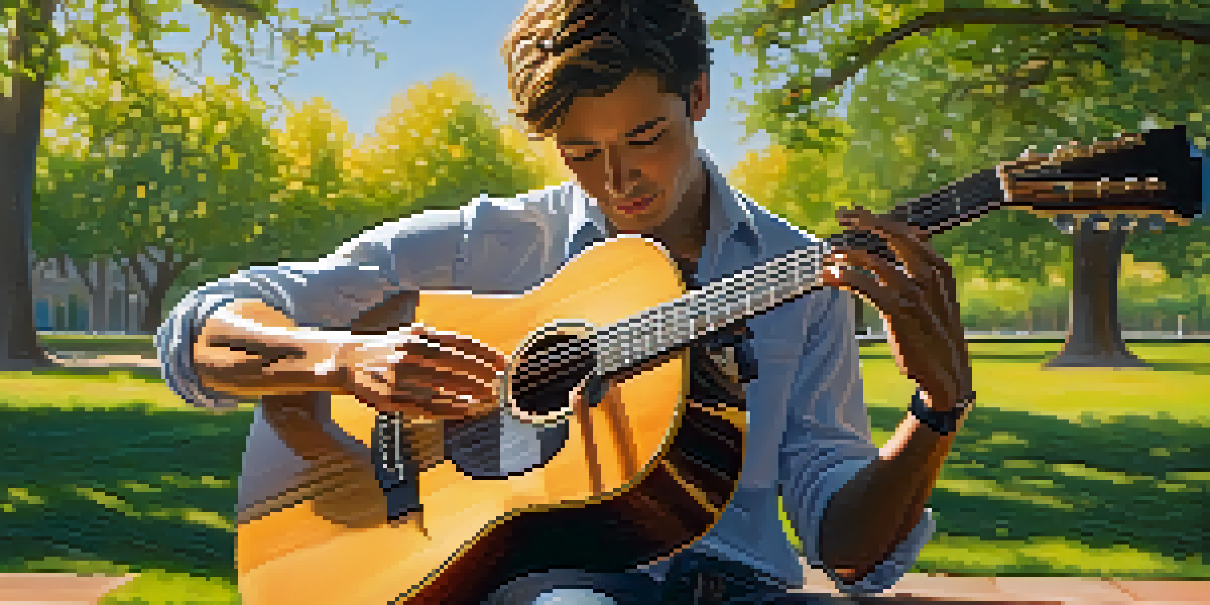 A close-up of a guitarist's hands skillfully playing an acoustic guitar in a sunlit park, showcasing the intricate fingerstyle technique.