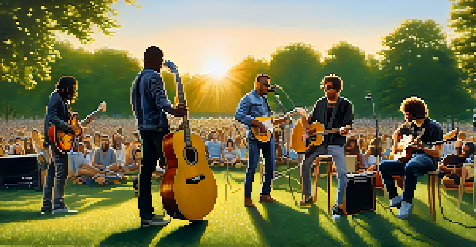 A diverse group of musicians playing guitars in a park during sunset, with spectators in the background.