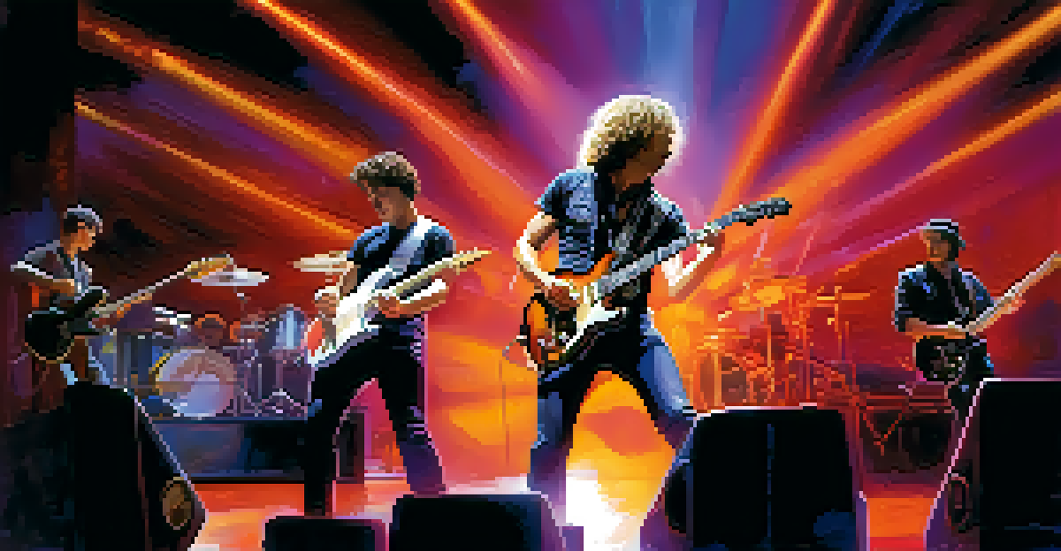 A lead guitarist performing on stage in front of a cheering audience, illuminated by colorful lights.