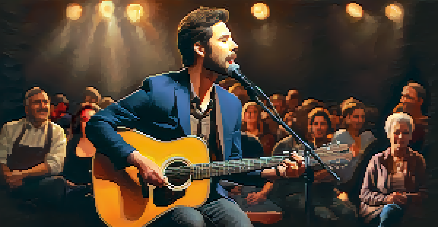 An artist sharing a personal story with an expressive face in a cozy concert setting.