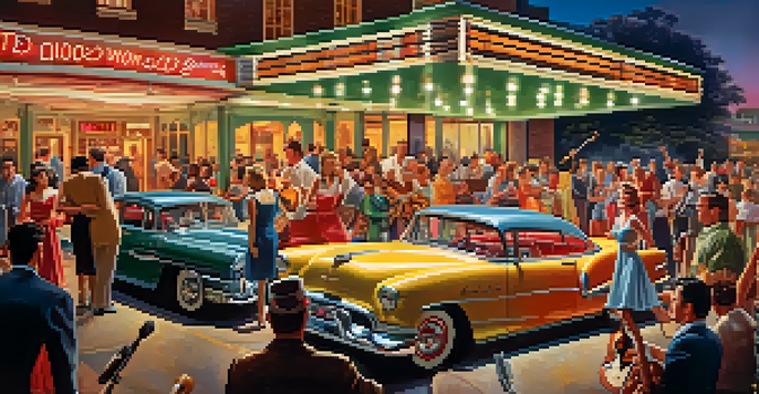 A lively 1950s rock and roll concert with musicians on stage, showcasing an electric guitar and an excited audience.