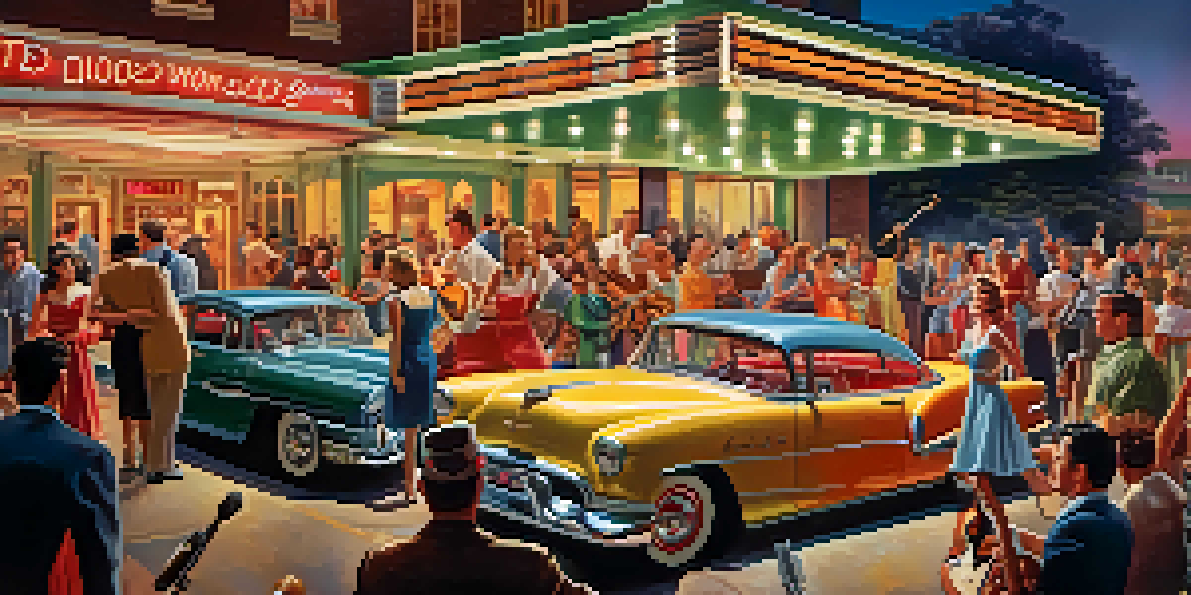 A lively 1950s rock and roll concert with musicians on stage, showcasing an electric guitar and an excited audience.