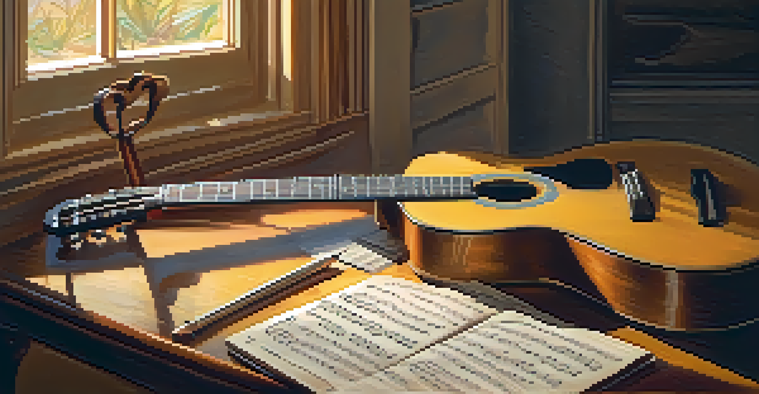 An artistic arrangement of sheet music and a guitar on a wooden table, with warm lighting creating a cozy atmosphere.