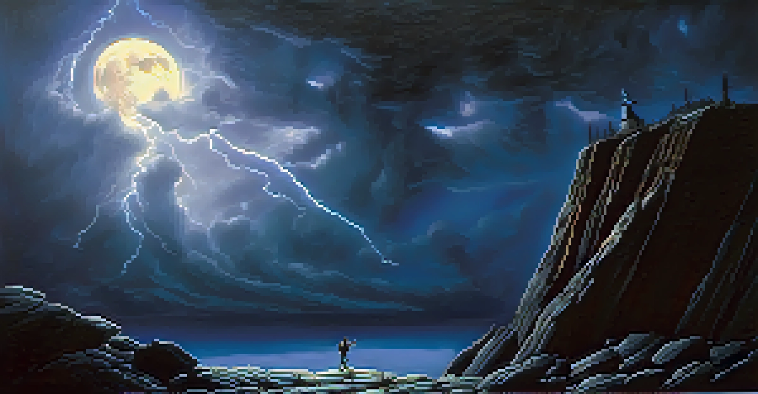 A silhouette of a guitarist on a cliff in a dark landscape with lightning and a full moon.