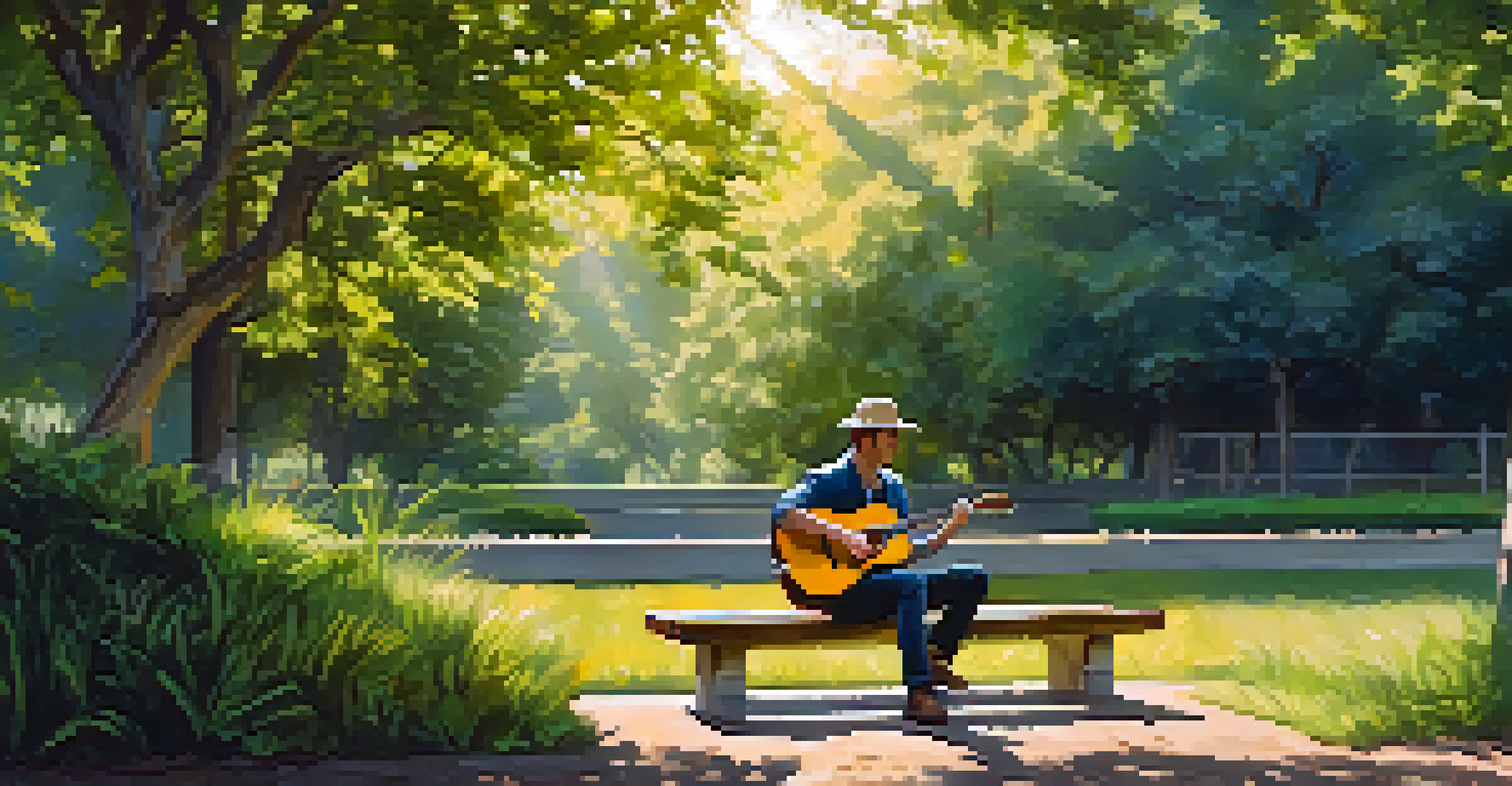 A guitarist sitting on a bench in a park, playing an acoustic guitar with fingerpicking technique, surrounded by greenery and sunlight.