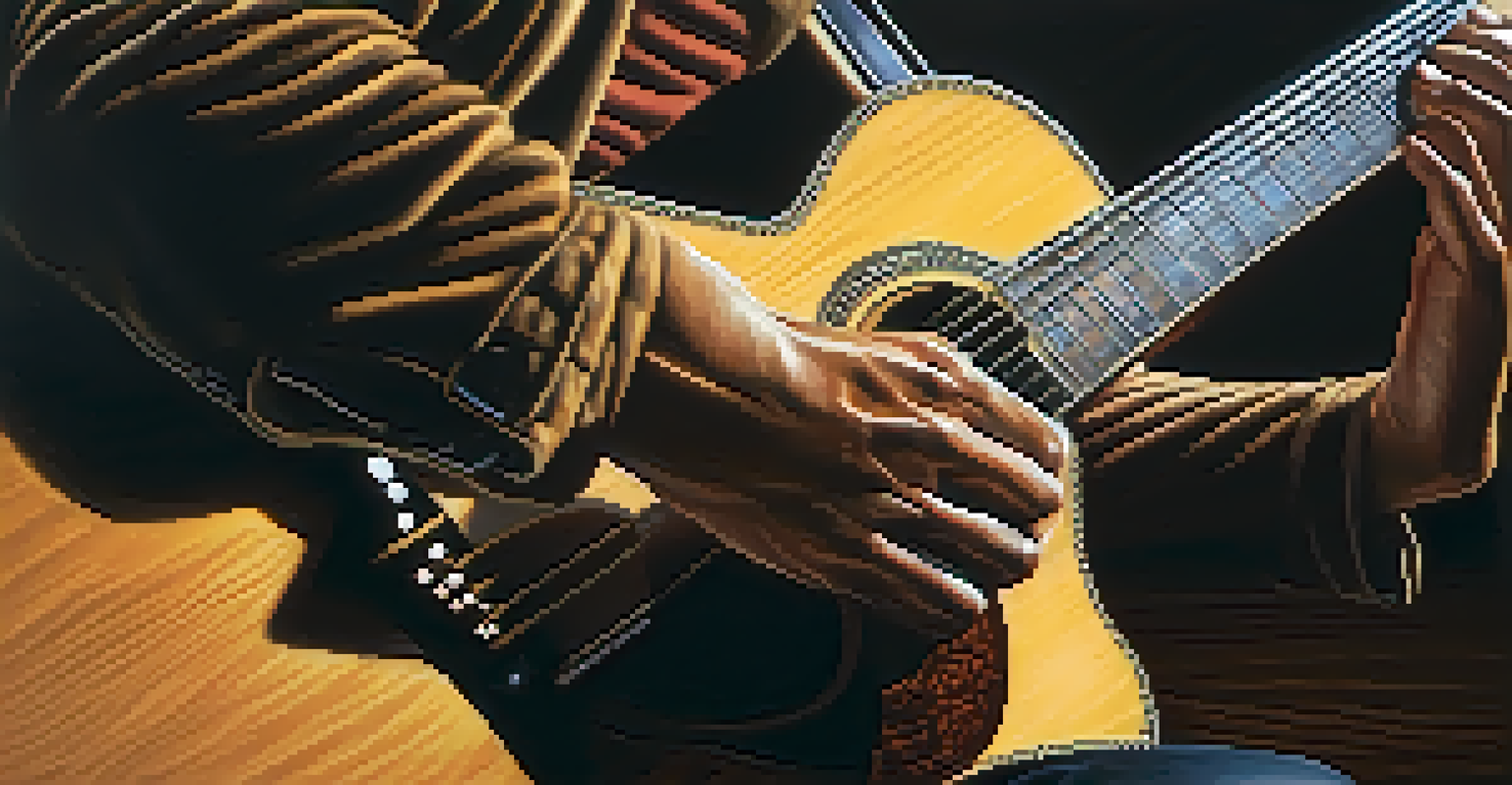 Close-up of a guitarist's hands strumming an acoustic guitar, showcasing the wood grain and fingers in soft lighting.