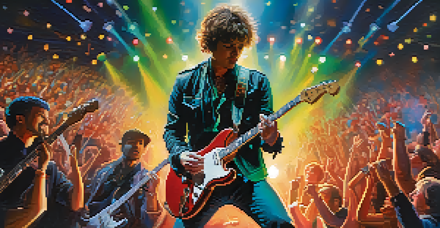 A rock band performing on stage with a passionate guitarist and a cheering crowd, illuminated by vibrant stage lights.