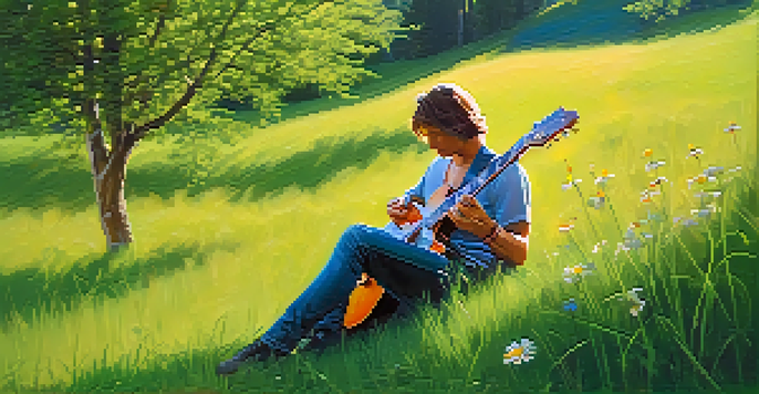 A musician playing an electric guitar on a grassy hill under a clear blue sky, surrounded by trees and flowers.