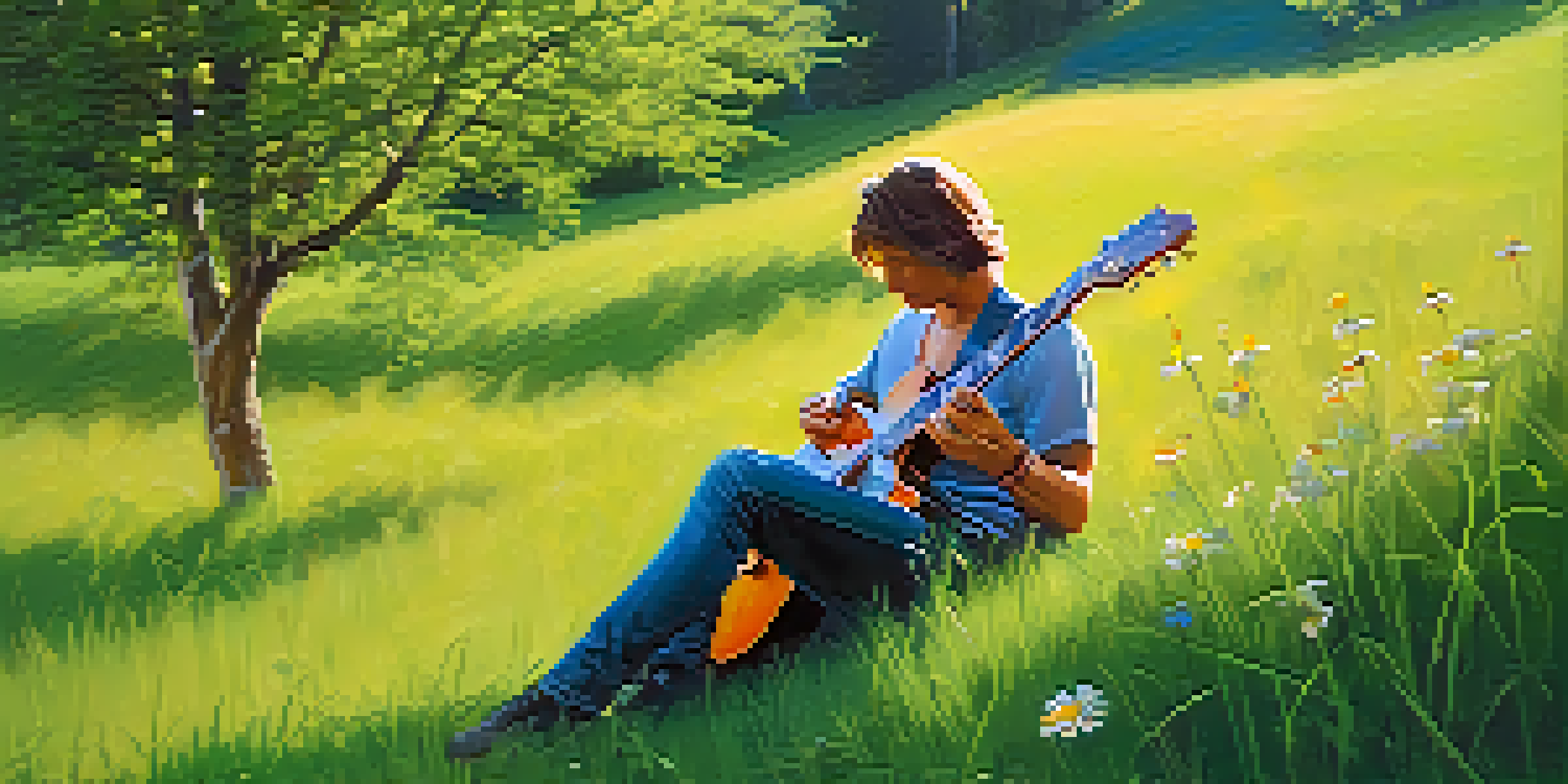 A musician playing an electric guitar on a grassy hill under a clear blue sky, surrounded by trees and flowers.