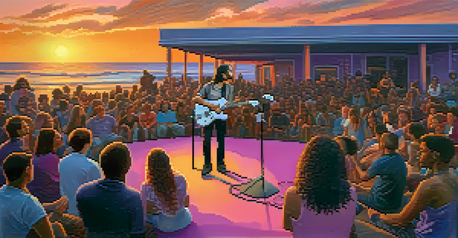 Guitarist performing on stage during sunset with a vibrant sky and an engaged audience.