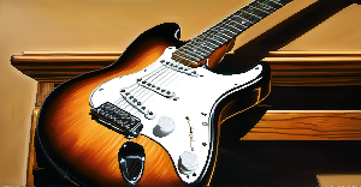 A close-up of a vintage electric guitar on a wooden stool with a hand reaching for it, background shows a blurred musician.