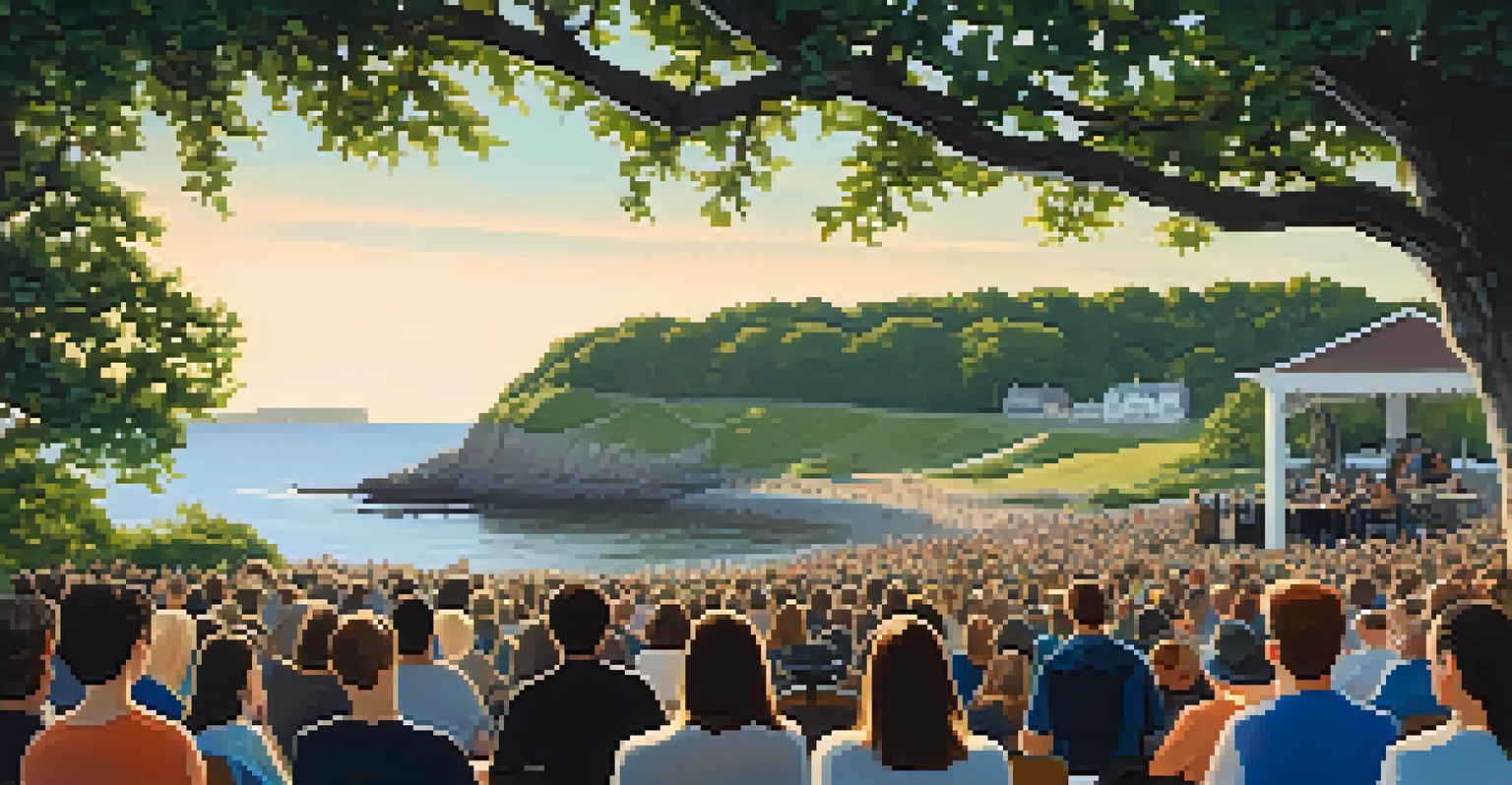 A folk guitarist performing on a small stage surrounded by an audience, with a serene coastal view and lush greenery in the background.