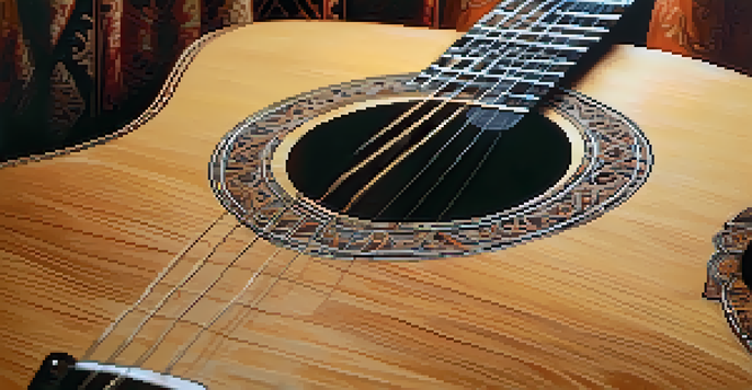A close-up of a Spanish guitar on a wooden stage, with warm lighting and a blurred flamenco dancer in the background.