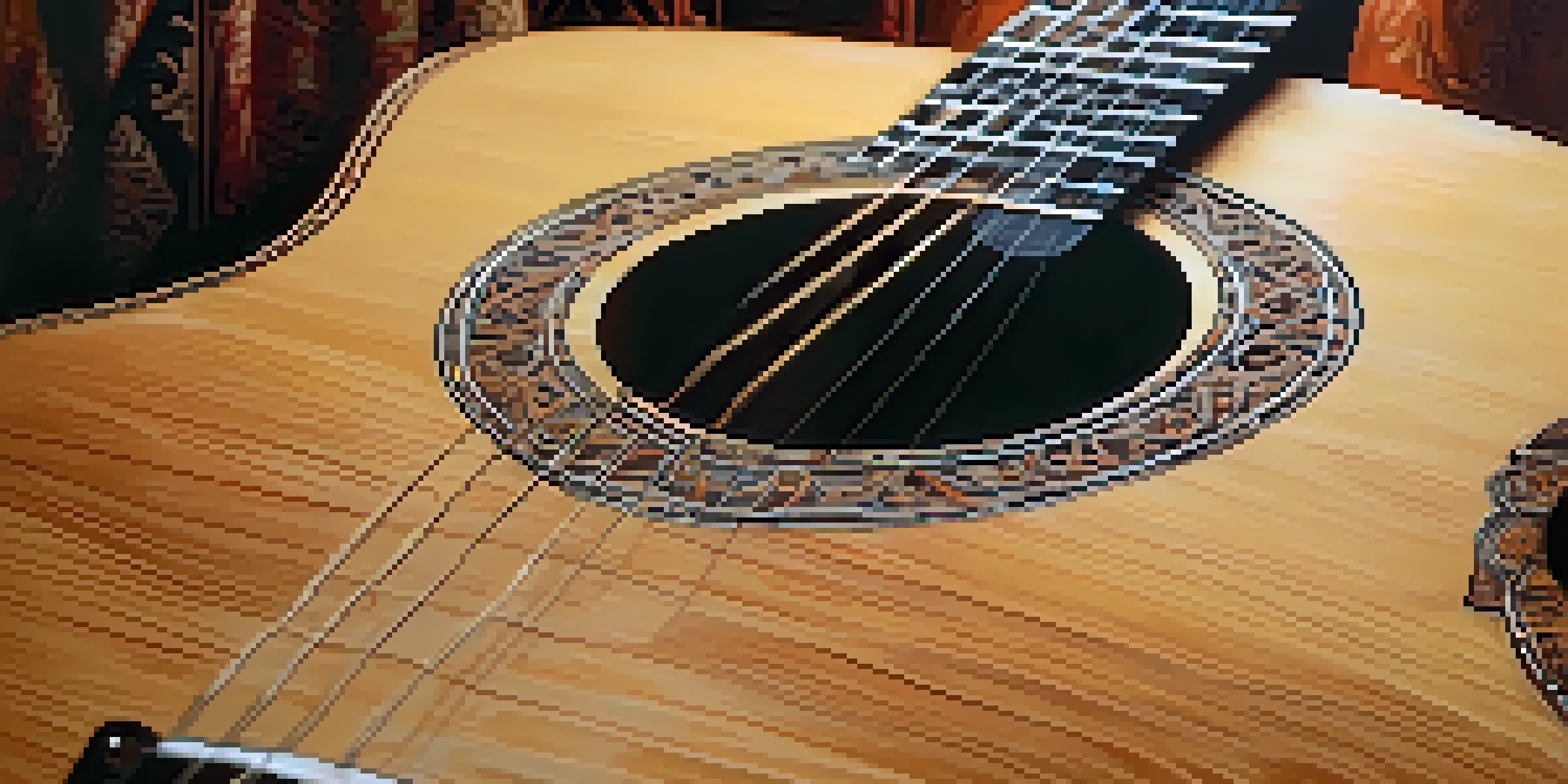 A close-up of a Spanish guitar on a wooden stage, with warm lighting and a blurred flamenco dancer in the background.