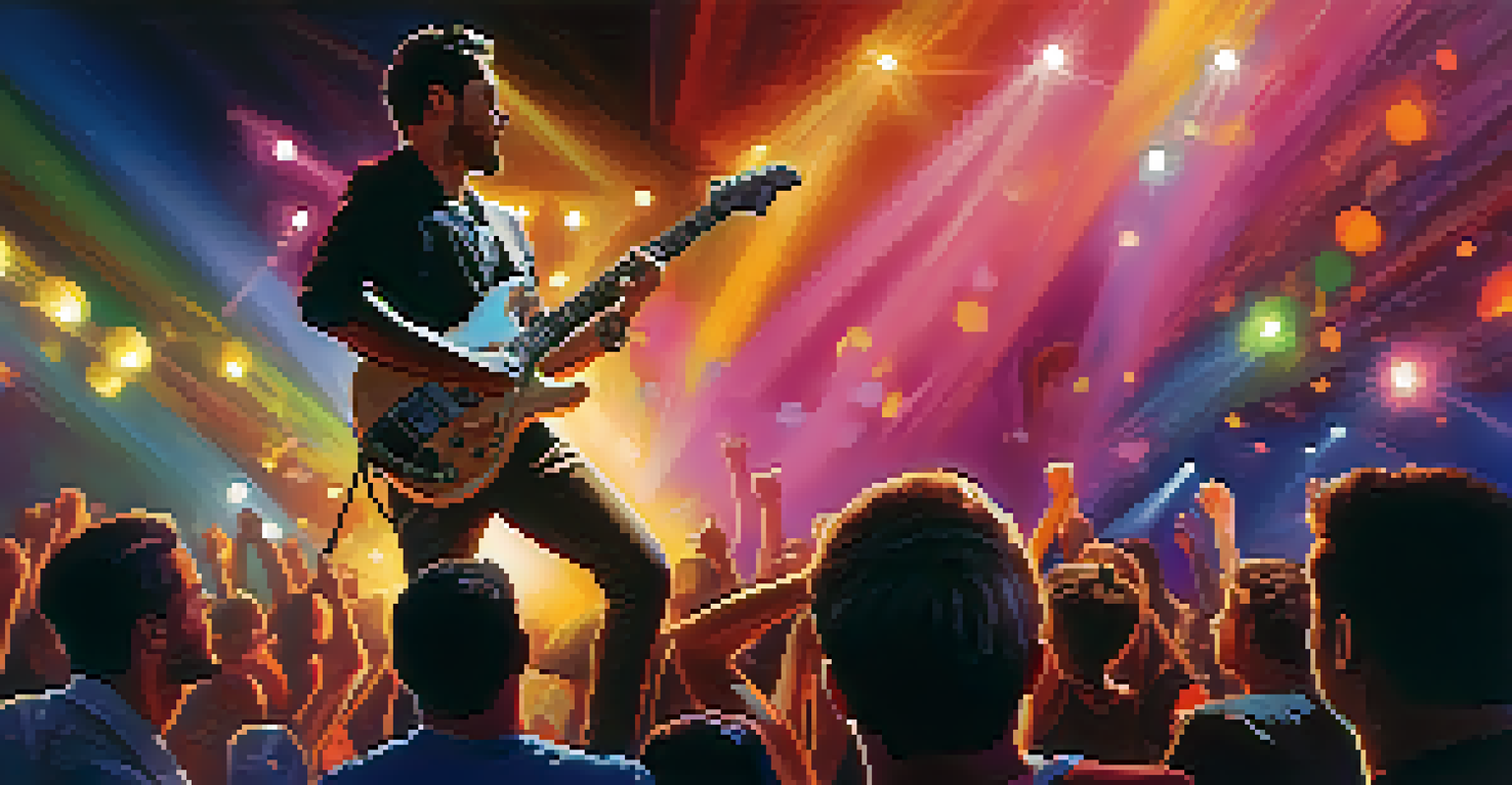 A guitarist performing live on stage with vibrant lights and an engaged audience, creating a lively atmosphere.