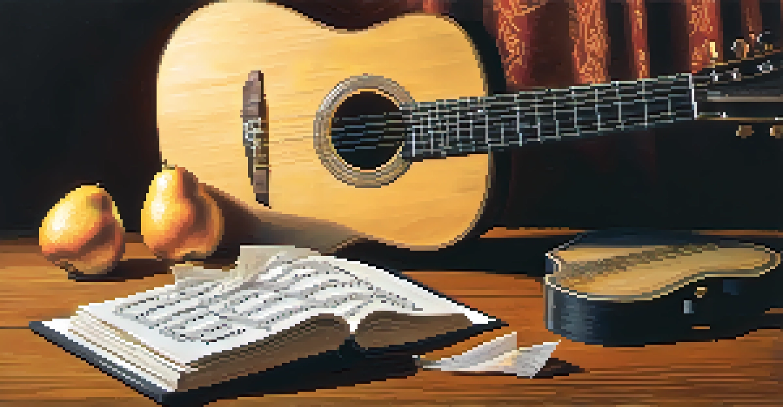 A still life of a guitar, pick, and sheet music on a wooden table with warm lighting.