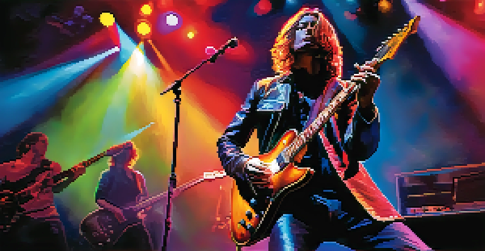 A guitarist performing passionately on stage with colorful lights and an engaged audience.