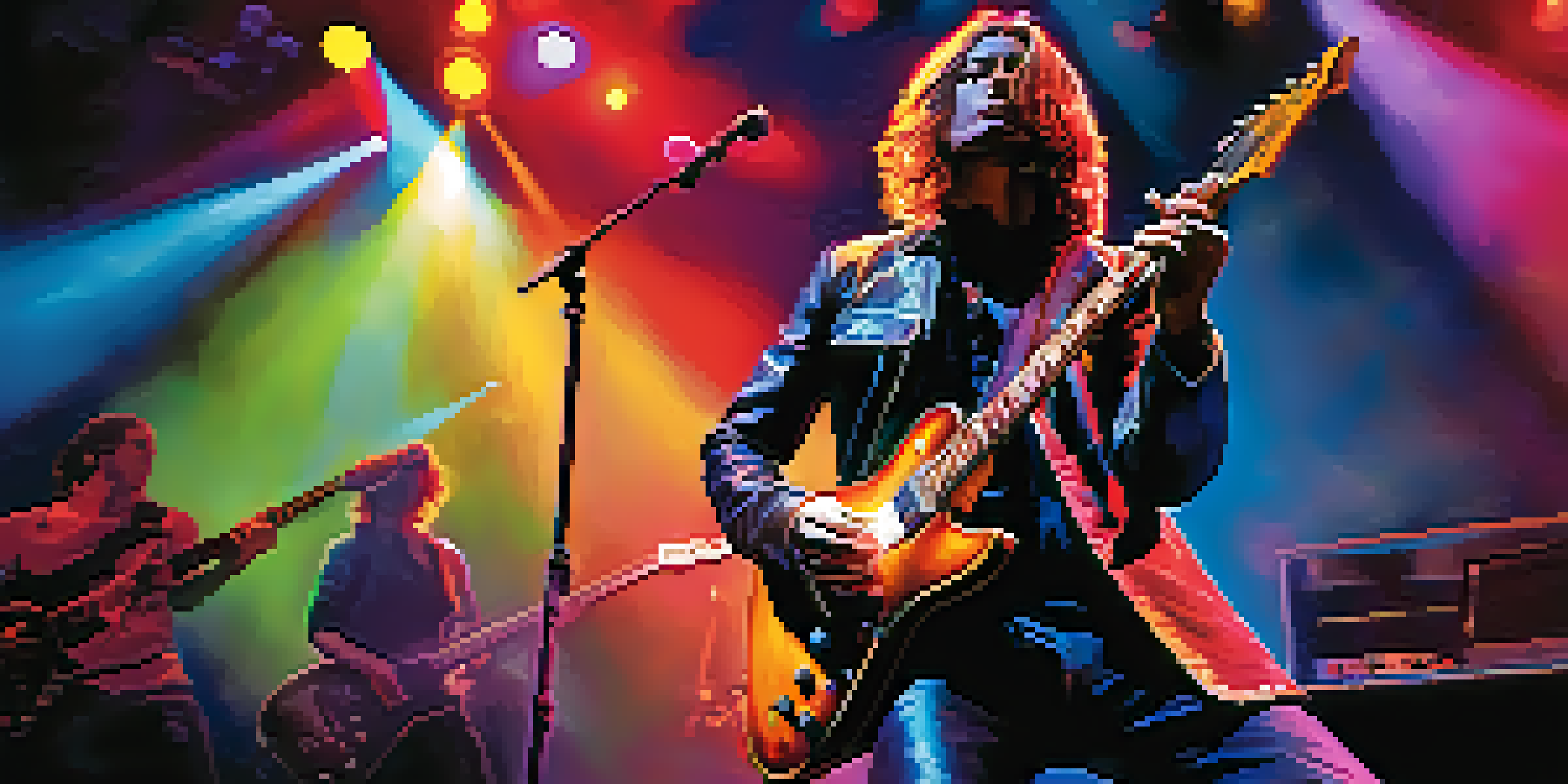 A guitarist performing passionately on stage with colorful lights and an engaged audience.