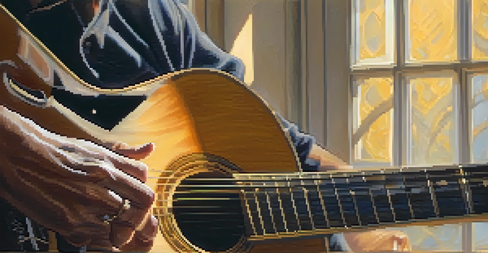 A guitarist's hands performing finger stretching exercises on an acoustic guitar, with warm light illuminating the scene.