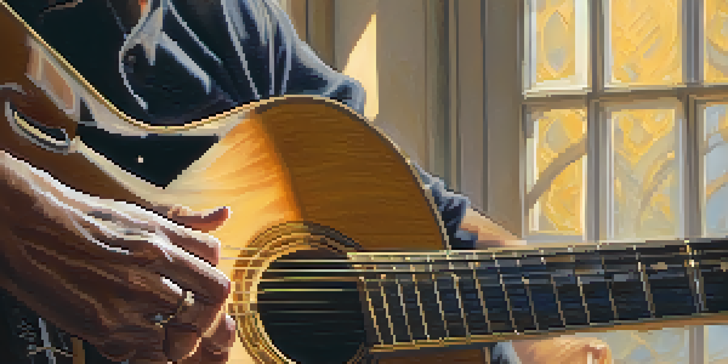 A guitarist's hands performing finger stretching exercises on an acoustic guitar, with warm light illuminating the scene.