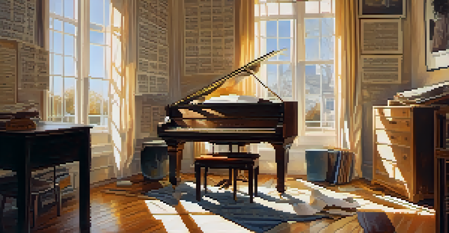 A musician in a cozy room with handwritten musical notes and sunlight streaming through a window.