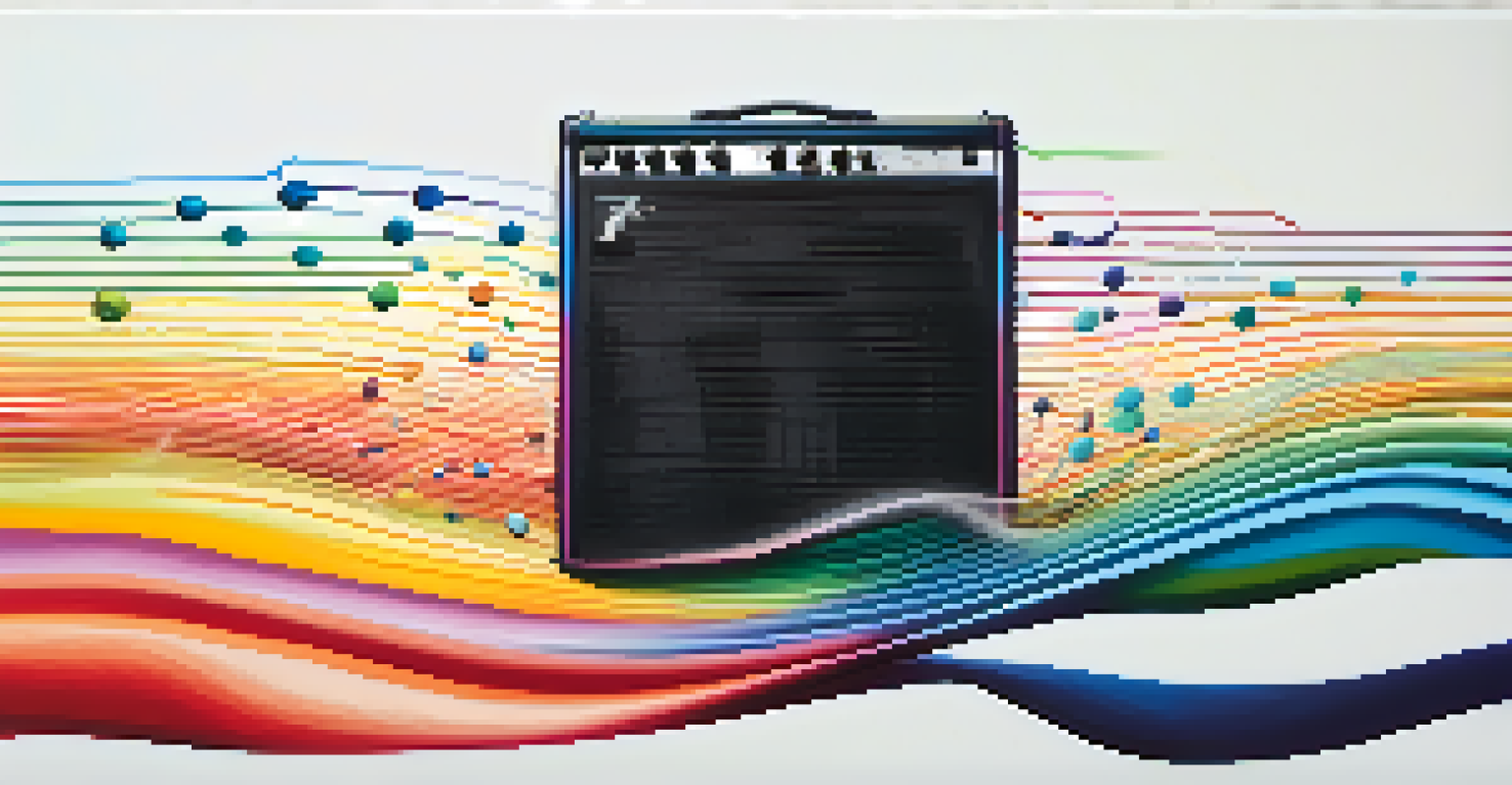 An abstract illustration of colorful sound waves emanating from a guitar amplifier against a gradient background.