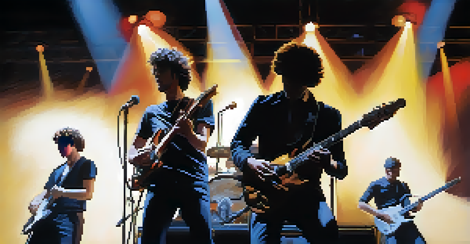 A band on stage with a guitarist in the foreground, dramatic lighting showcasing the intensity of the performance.