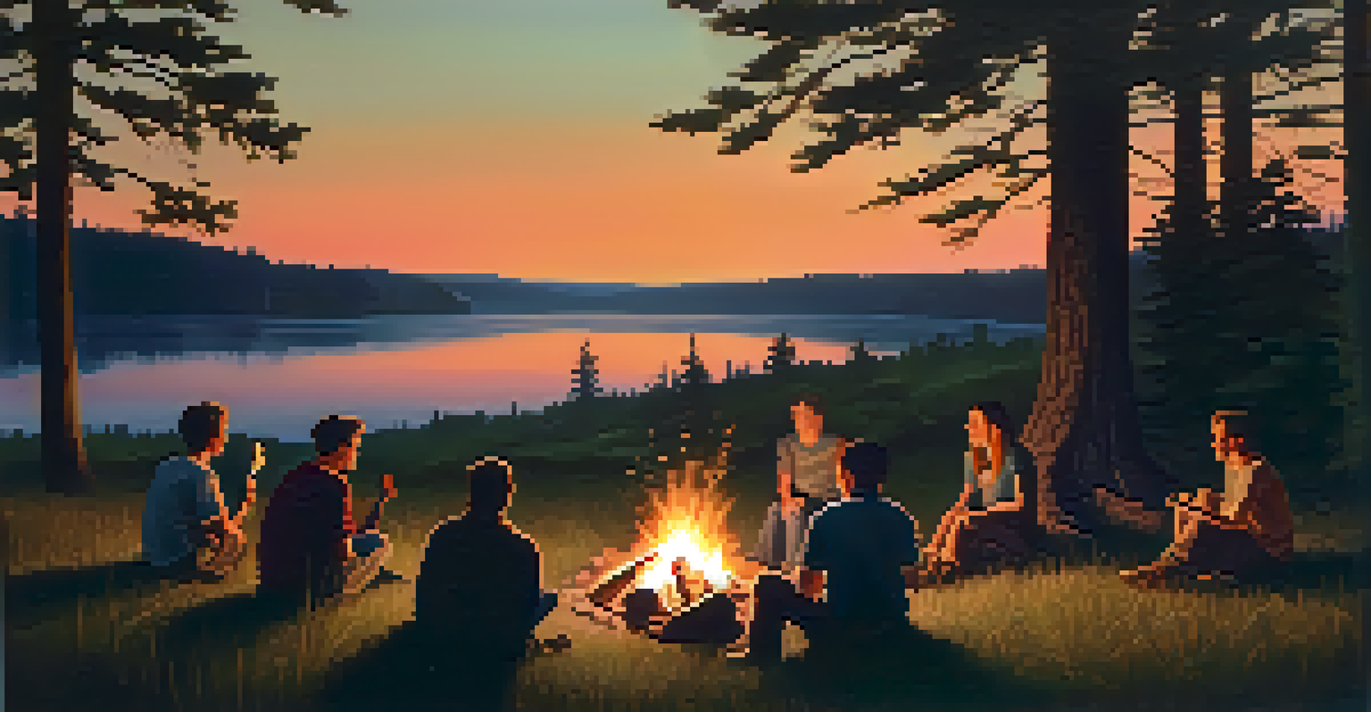 A group of friends around a campfire at dusk, with one person playing a guitar, illuminated by the fire's glow.