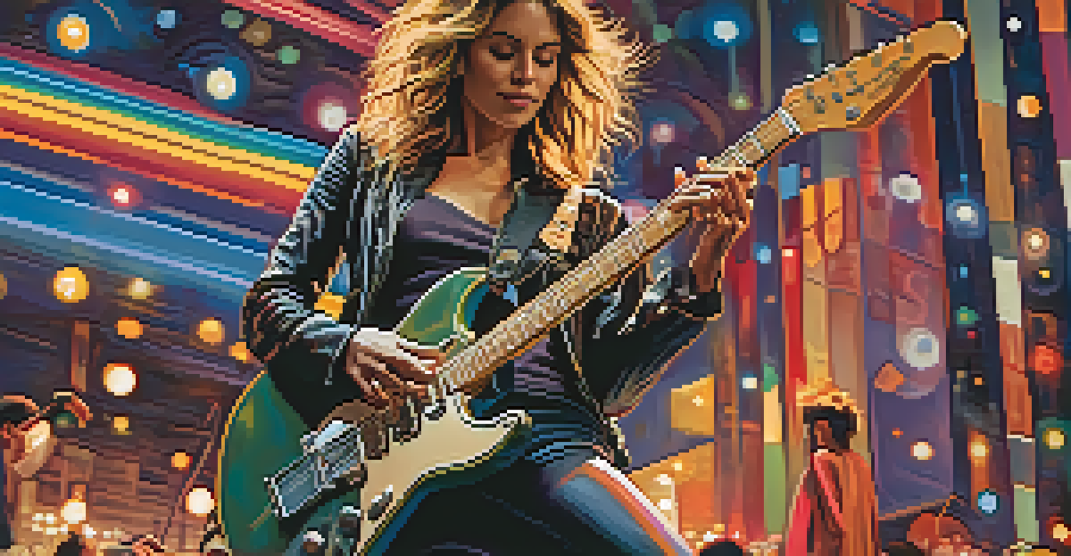 A female guitarist performing with her electric guitar in a modern rock concert.